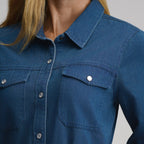 Women's Long-Sleeve Denim Button Front Belted Midi Dress