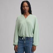 Women's Long-Sleeve Button Front Drawstring Hem Top - Limestone